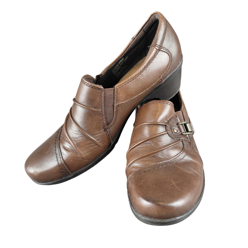 Earth Origins Roxanne Womens Brown Leather Slip On Loafer Heel Shoes Size 9M